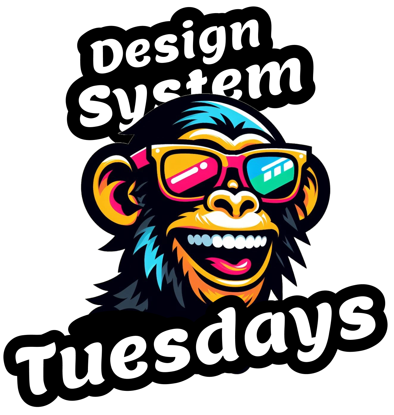 A funky monkey with sunglasses drawn in vibrant colors surrounded by the headline 'Design System Tuesdays'